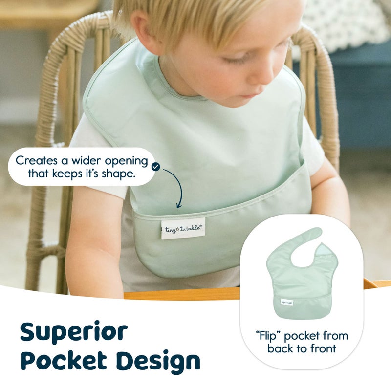 Tiny Twinkle Mess Proof Baby Bibs for Eating - Waterproof, Wipeable Toddler Bibs with Pocket - Baby Food Bibs for Girls & Boys(3 Pack,Sage, Charcoal) - Image 5